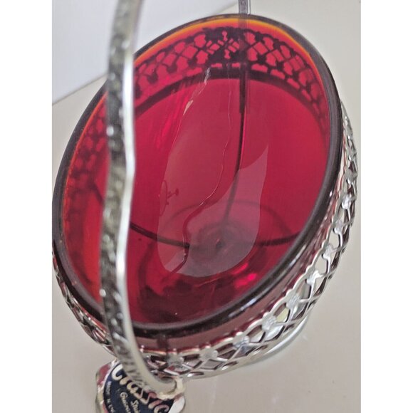 A Maywell Classic England Red Glass Oval Shaped Candy Bowl Silver Filigree Stand - Picture 9 of 9